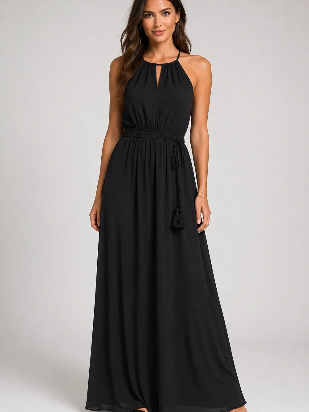 LOFT Black Halter Maxi Dress Tall Small Tassel Tie Elastic Waist Sleeveless
